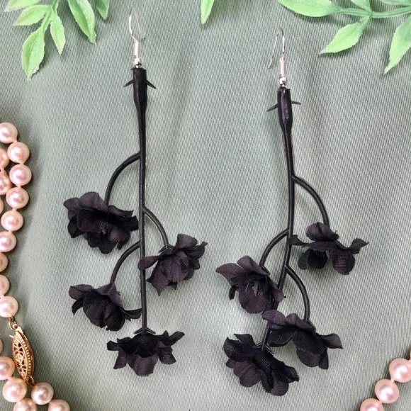 Black Flower Stem Dangle Earrings - Picture 1 of 7